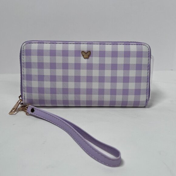Claire's Lavendar Gingham Butterfly Wristlet Purple White Checkered Wallet‎ - Picture 1 of 11